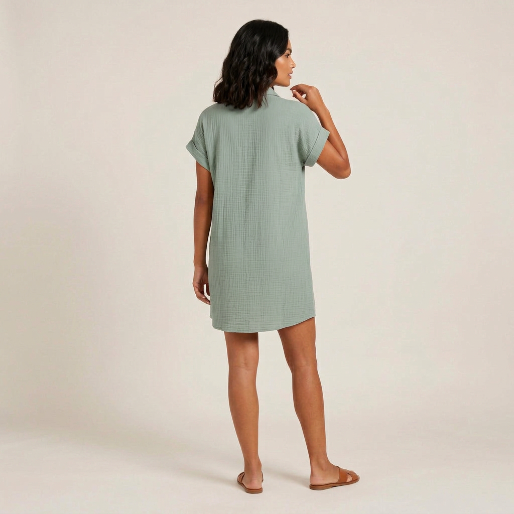 Vestito Camicia Donna in Mussola di Cotone con Tasche