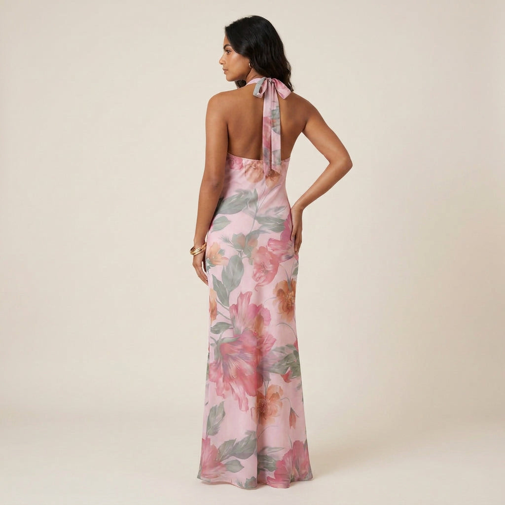 Abito Donna Lungo Collo Halter Scollo a V