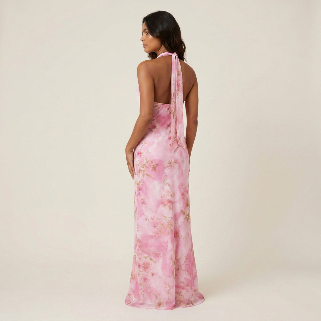 Abito Donna Lungo Collo Halter Scollo a V