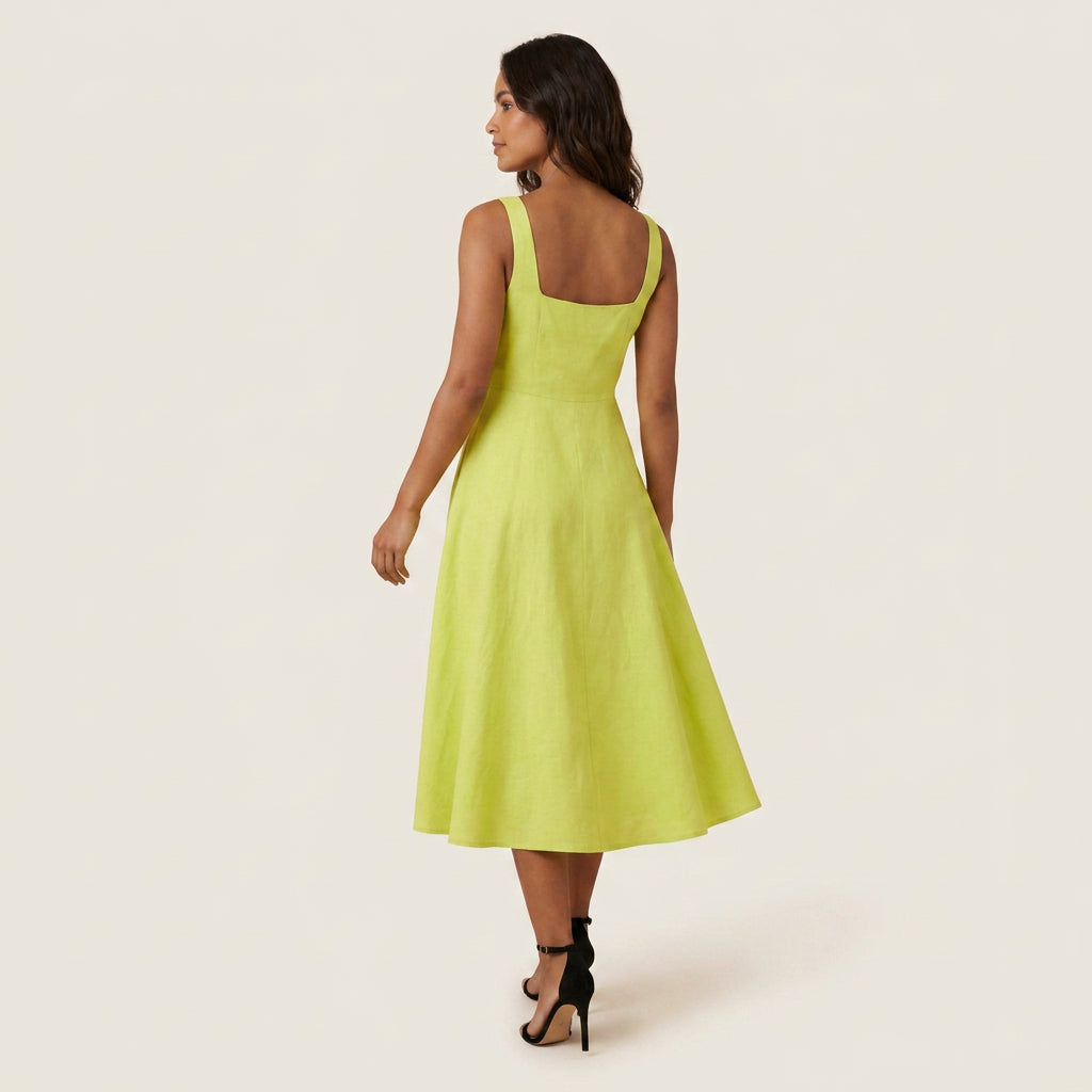 Vestito Midi Donna Scollo Quadrato Gonna Ampia