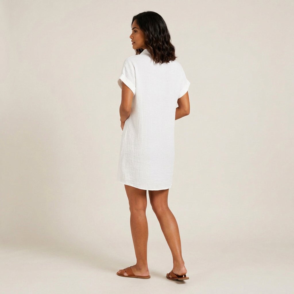 Vestito Camicia Donna in Mussola di Cotone con Tasche