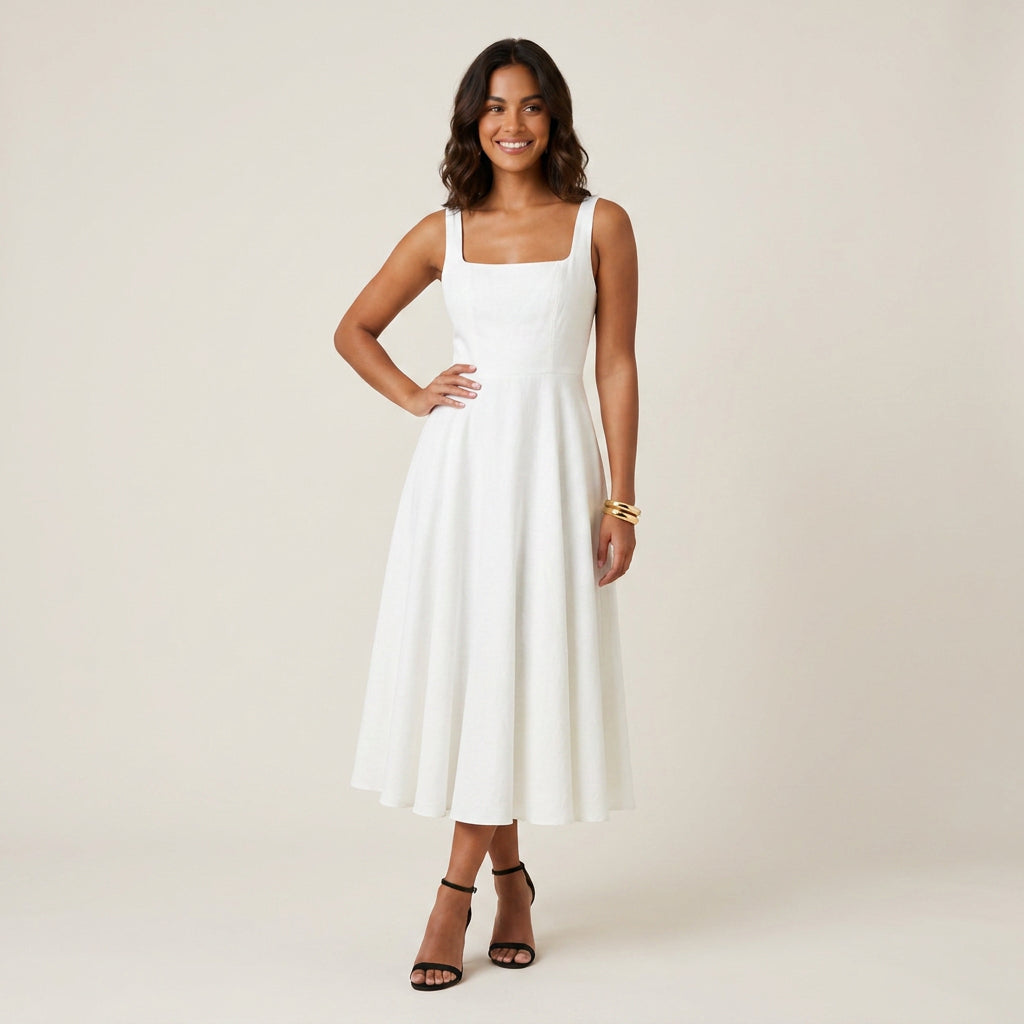 Vestito Midi Donna Scollo Quadrato Gonna Ampia
