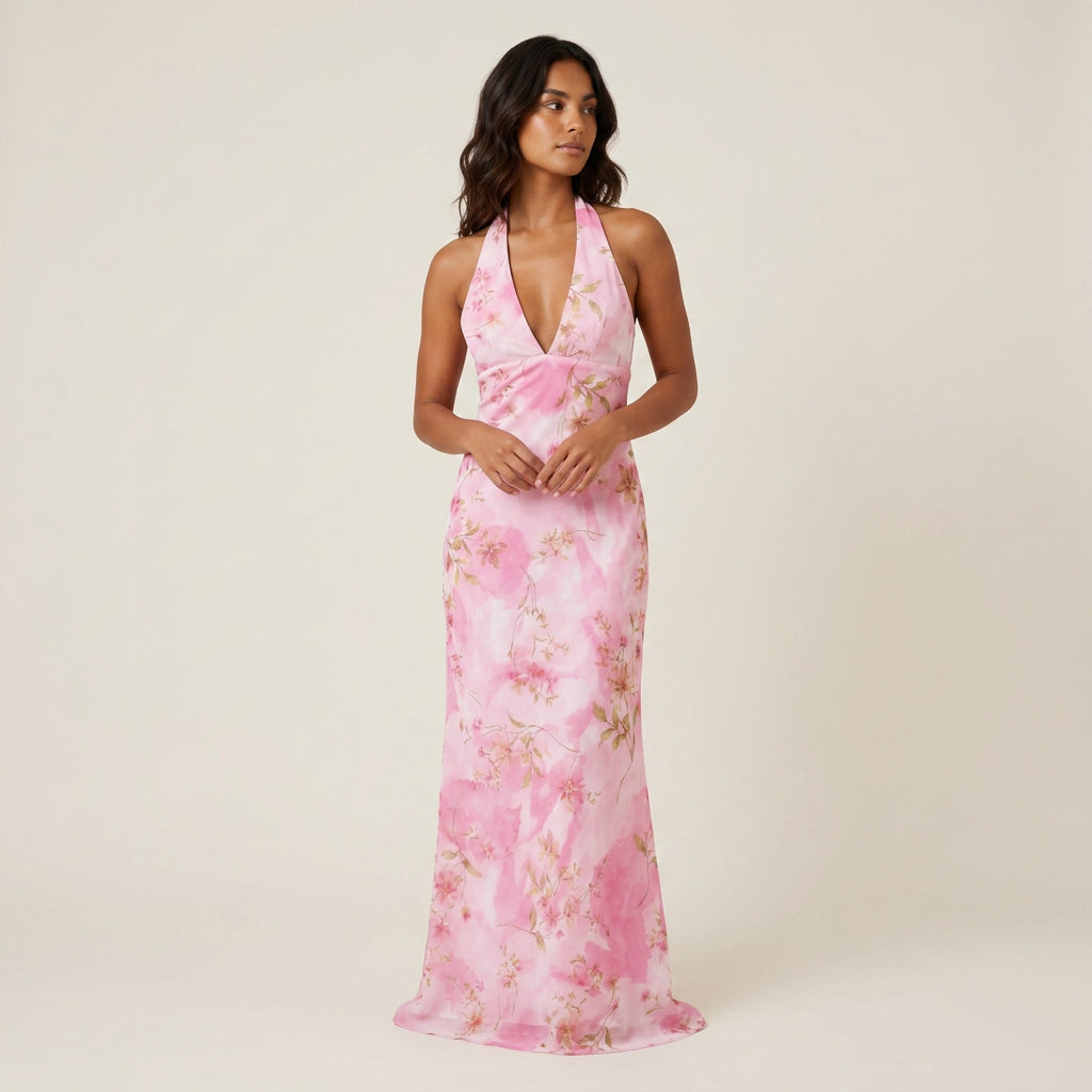 Abito Donna Lungo Collo Halter Scollo a V
