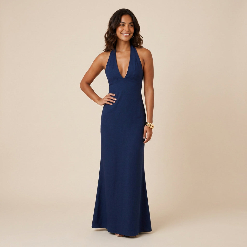 Abito Donna Lungo Collo Halter Scollo a V