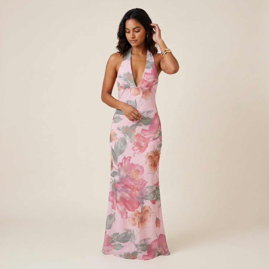 Abito Donna Lungo Collo Halter Scollo a V