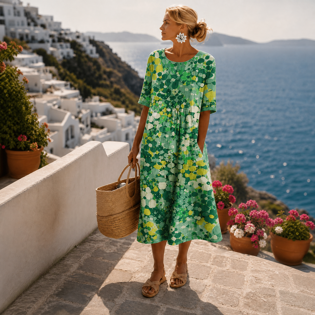 Vestito Donna Midi a Fiori Elegante con Maniche Corte