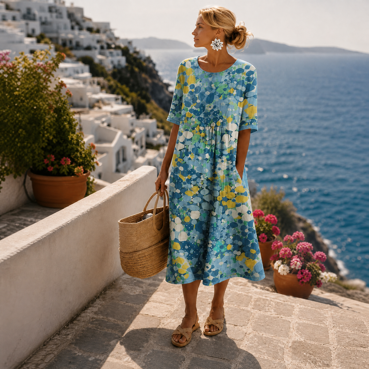 Vestito Donna Midi a Fiori Elegante con Maniche Corte