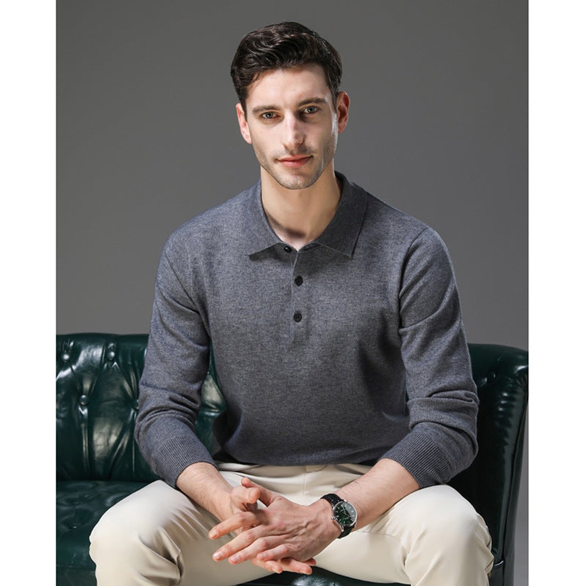 Maglione Uomo in Cashmere con Colletto a Polo e Bottoni