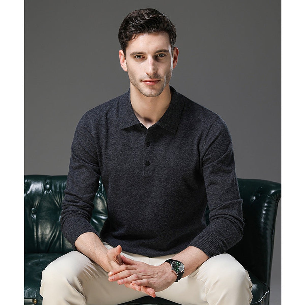 Maglione Uomo in Cashmere con Colletto a Polo e Bottoni