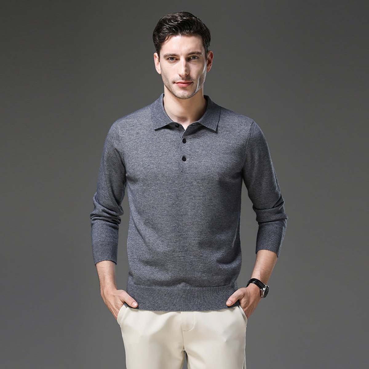 Maglione Uomo in Cashmere con Colletto a Polo e Bottoni