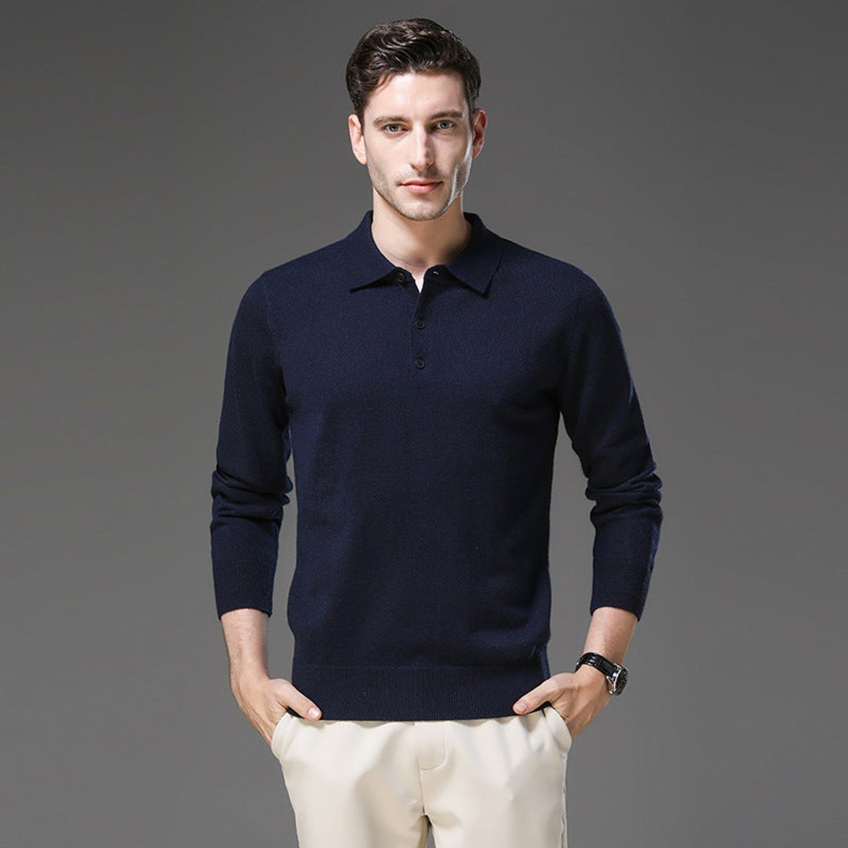 Maglione Uomo in Cashmere con Colletto a Polo e Bottoni