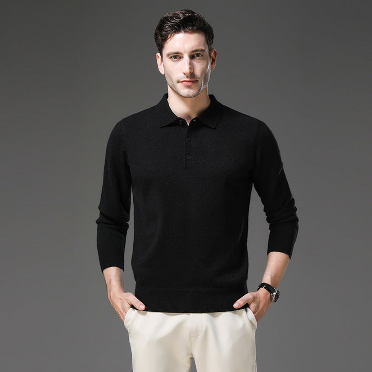 Maglione Uomo in Cashmere con Colletto a Polo e Bottoni