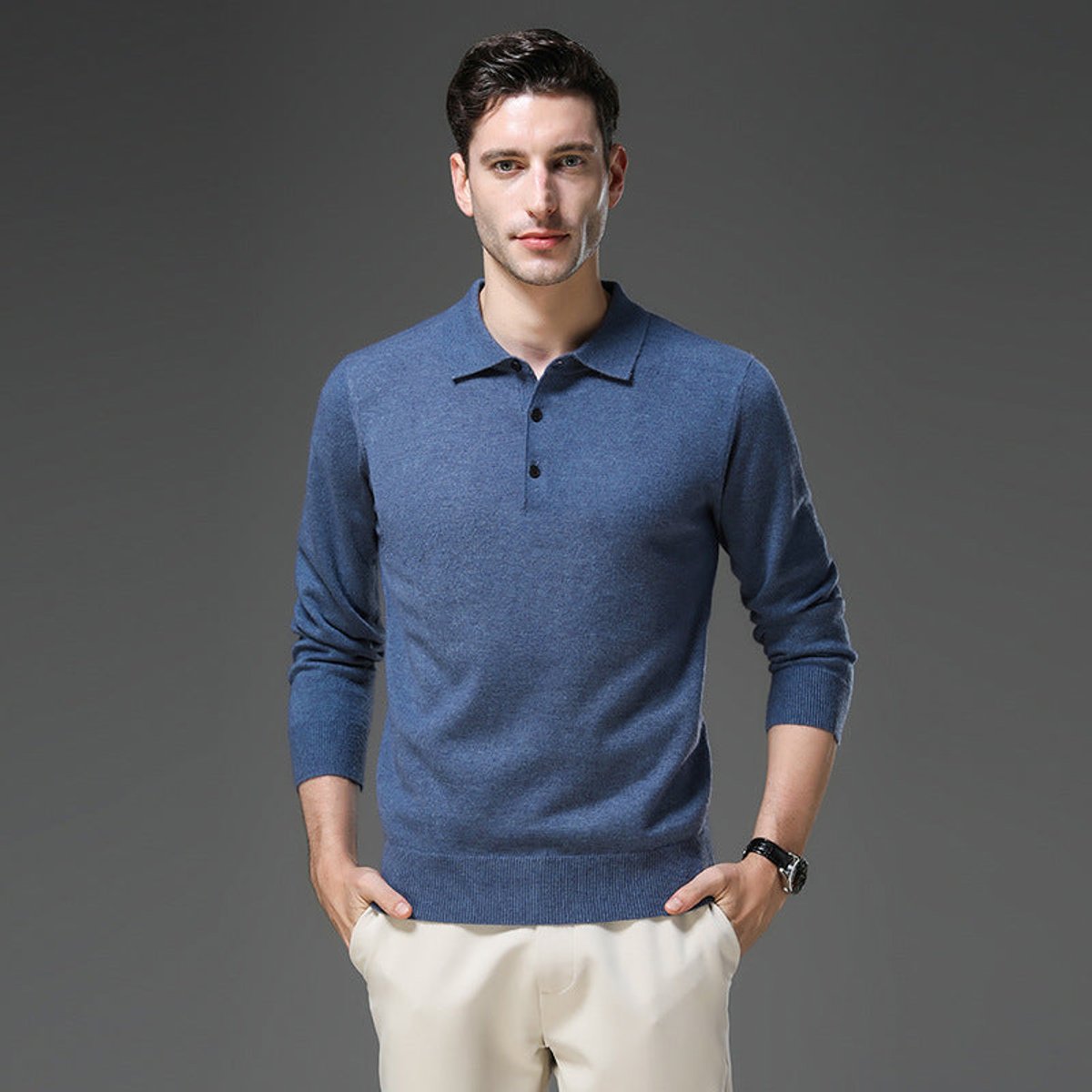 Maglione Uomo in Cashmere con Colletto a Polo e Bottoni