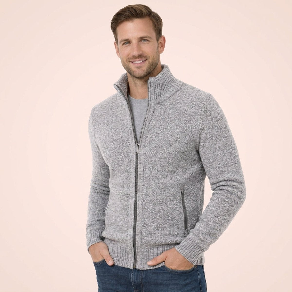 Maglione Uomo in Lana Merino con Zip Intera e Collo Alto