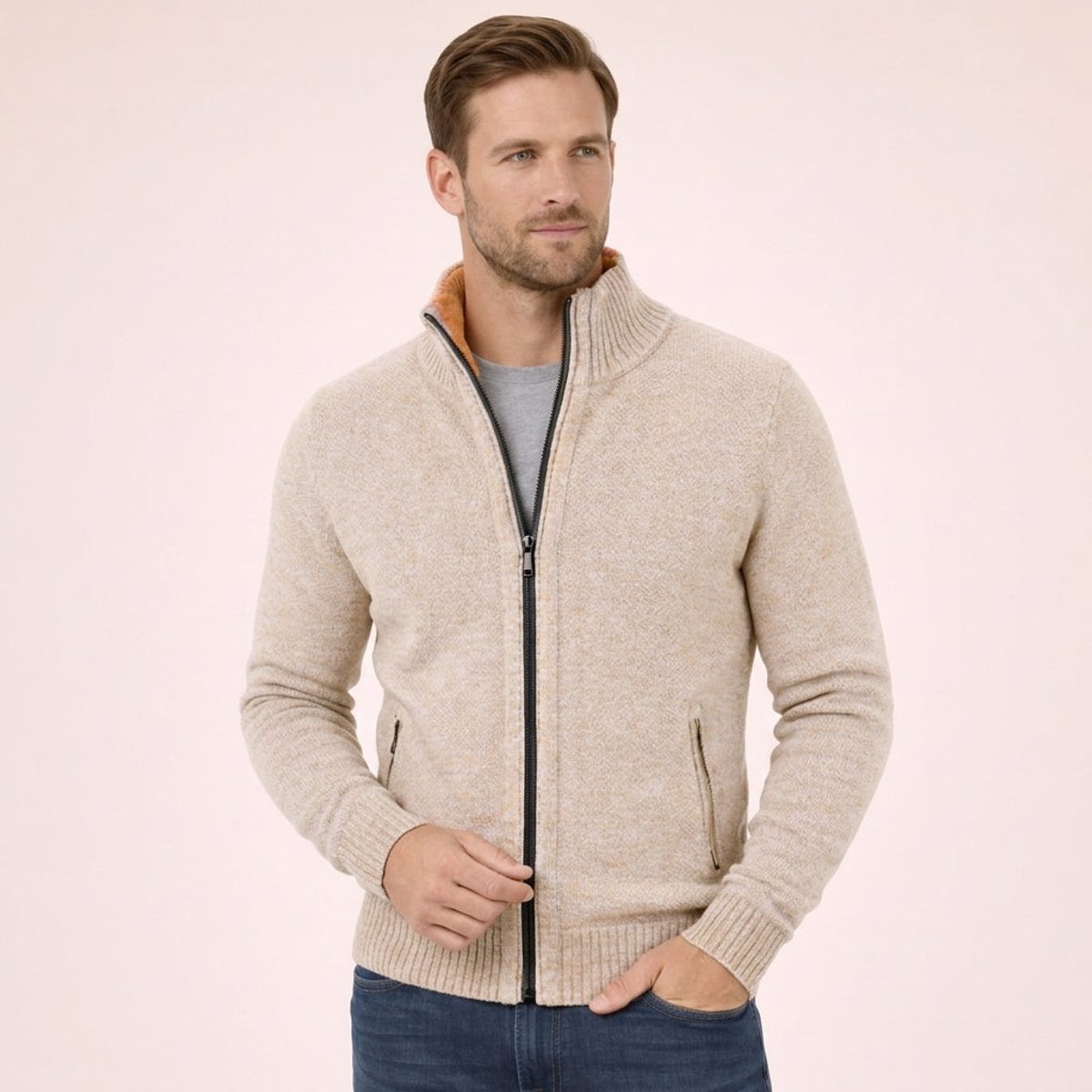 Maglione Uomo in Lana Merino con Zip Intera e Collo Alto