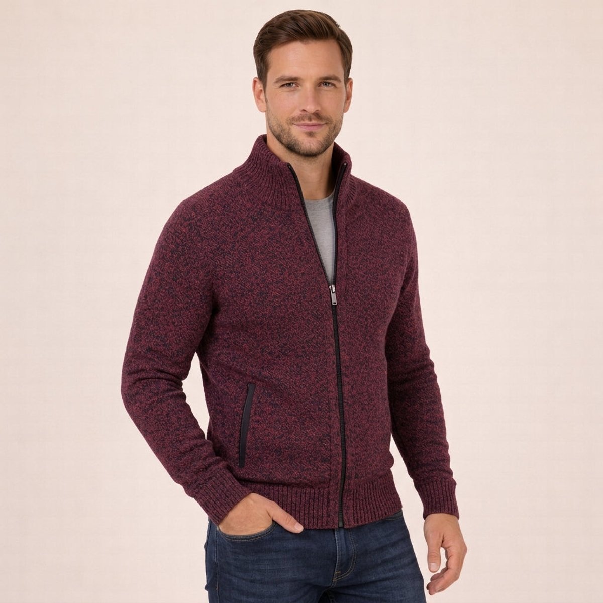Maglione Uomo in Lana Merino con Zip Intera e Collo Alto