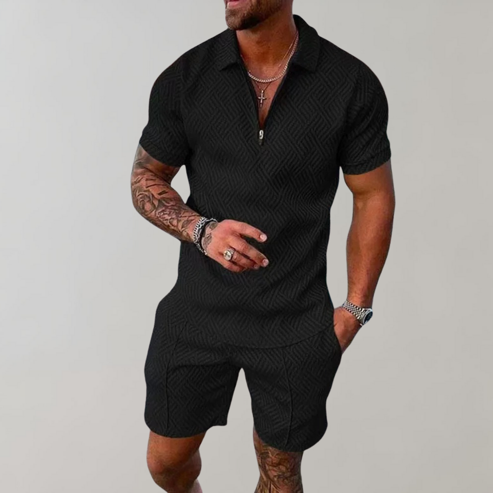 Completo Uomo Slim Fit Polo e Bermuda Manica Corta con Zip