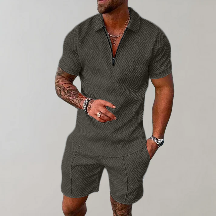 Completo Uomo Slim Fit Polo e Bermuda Manica Corta con Zip