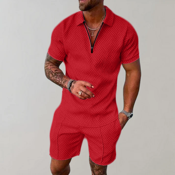 Completo Uomo Slim Fit Polo e Bermuda Manica Corta con Zip