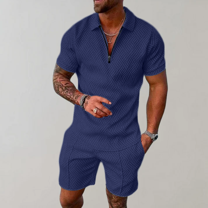Completo Uomo Slim Fit Polo e Bermuda Manica Corta con Zip