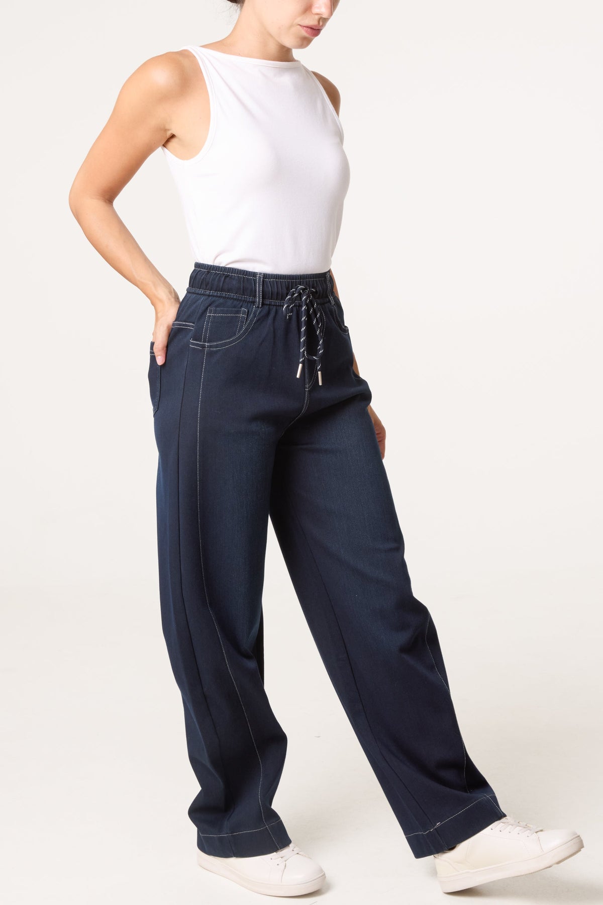 Jeans Donna Barrel Leg Cuciture a Contrasto Indigo