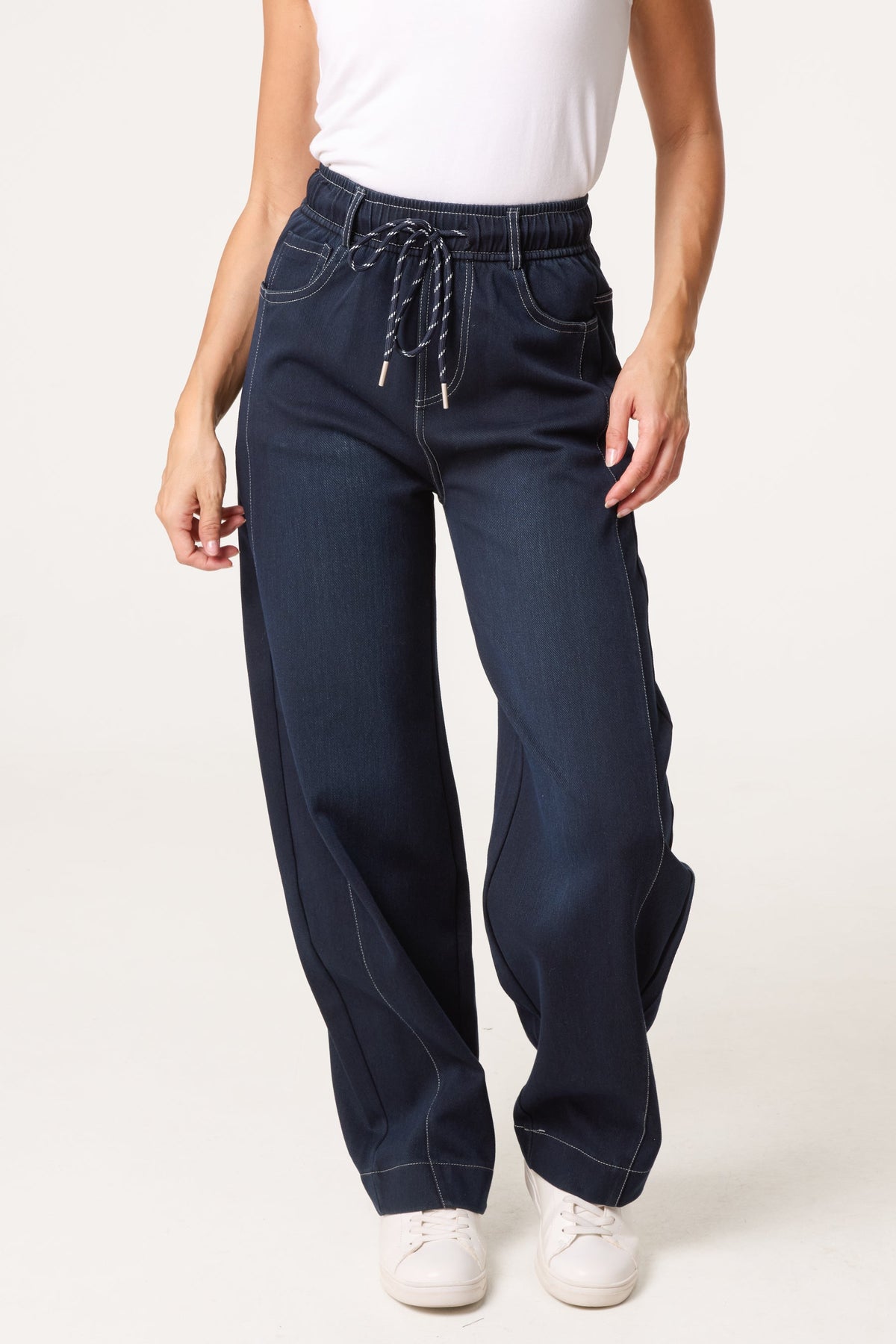 Jeans Donna Barrel Leg Cuciture a Contrasto Indigo