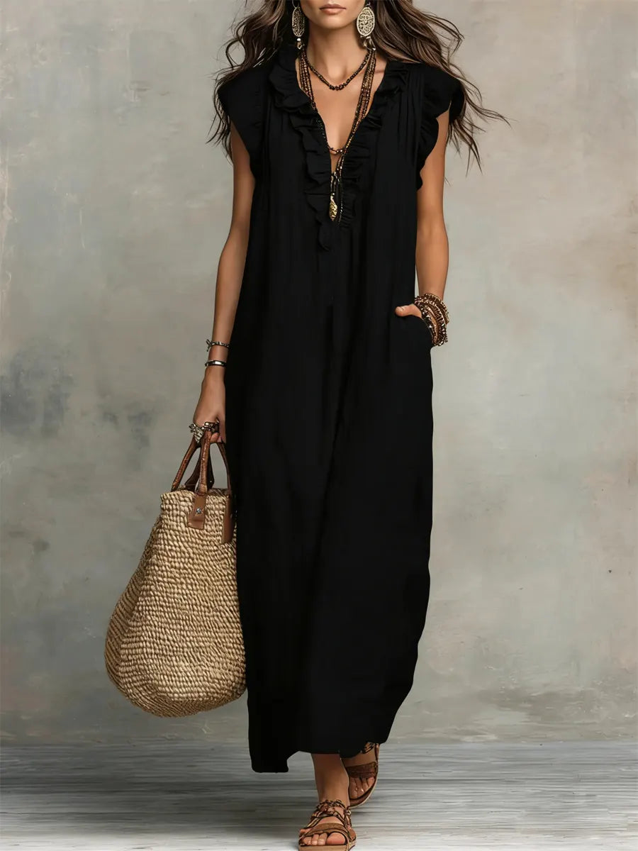 Abito Donna Boho Lungo in Lino e Cotone con Rouches