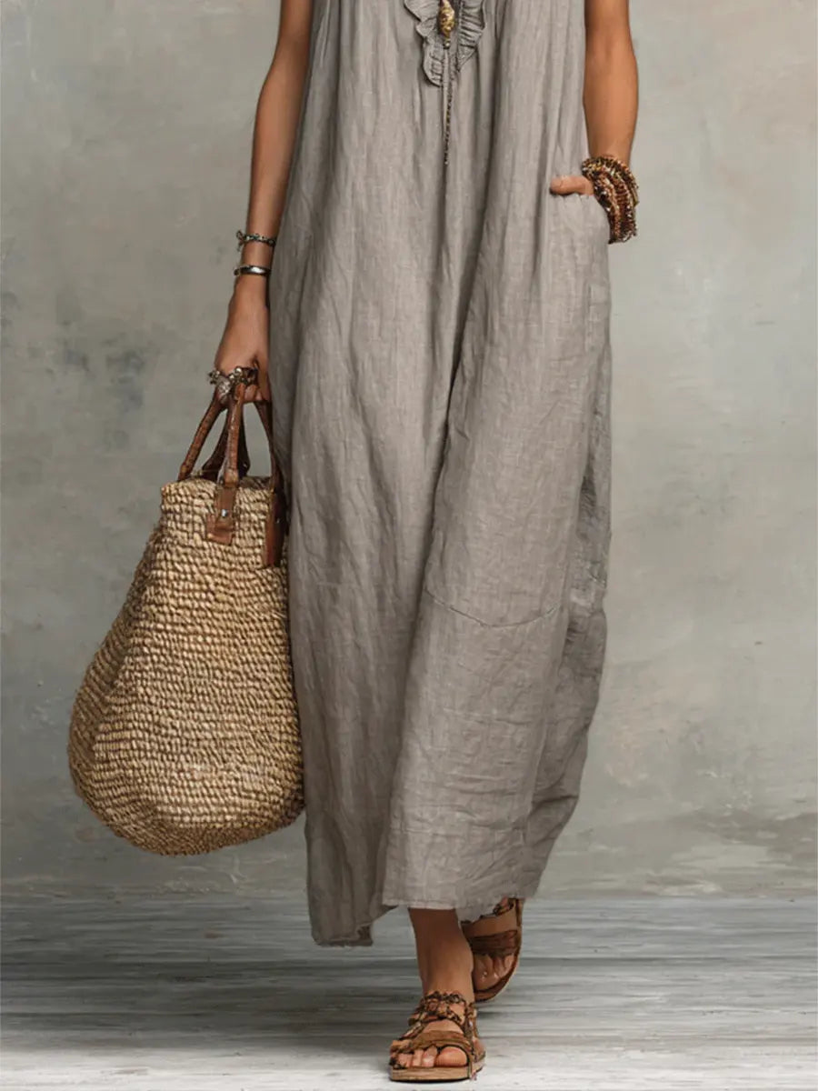 Abito Donna Boho Lungo in Lino e Cotone con Rouches