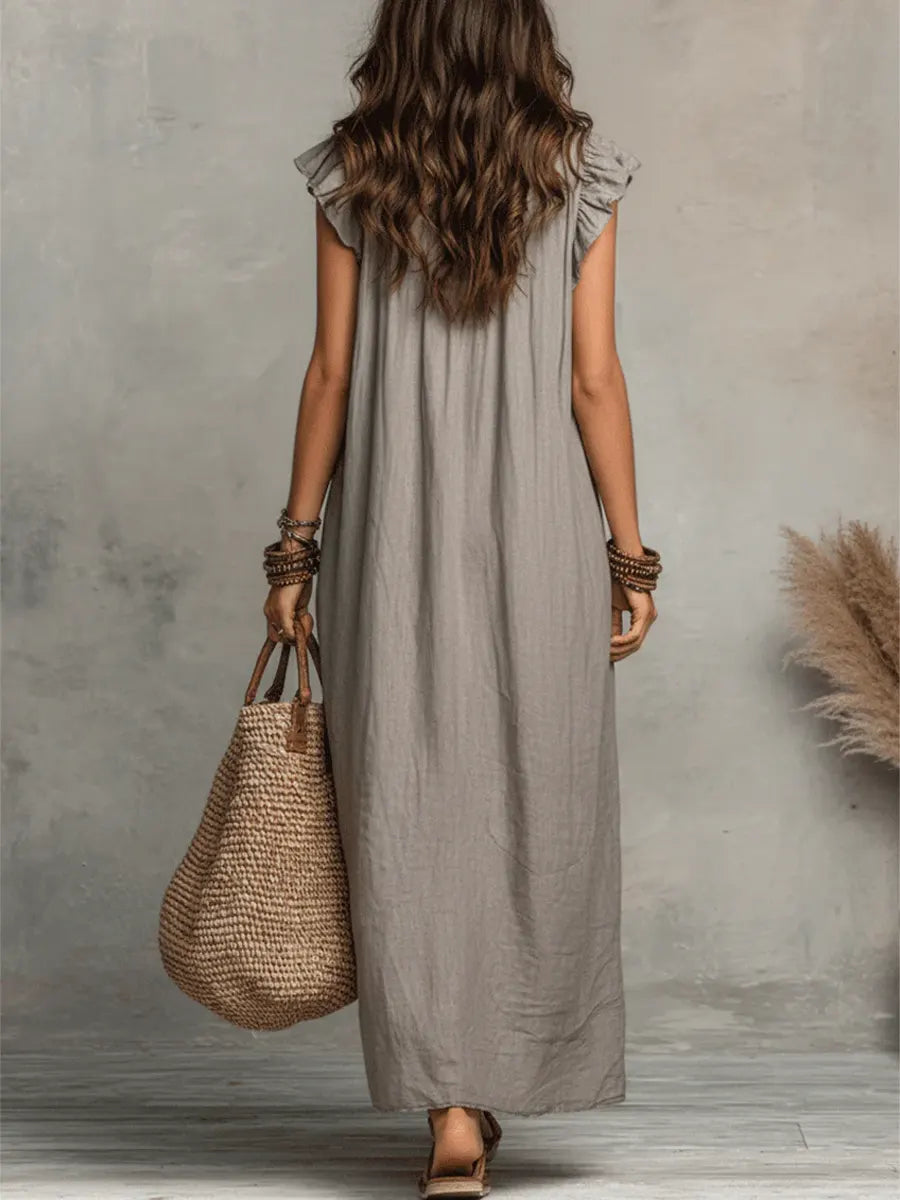 Abito Donna Boho Lungo in Lino e Cotone con Rouches