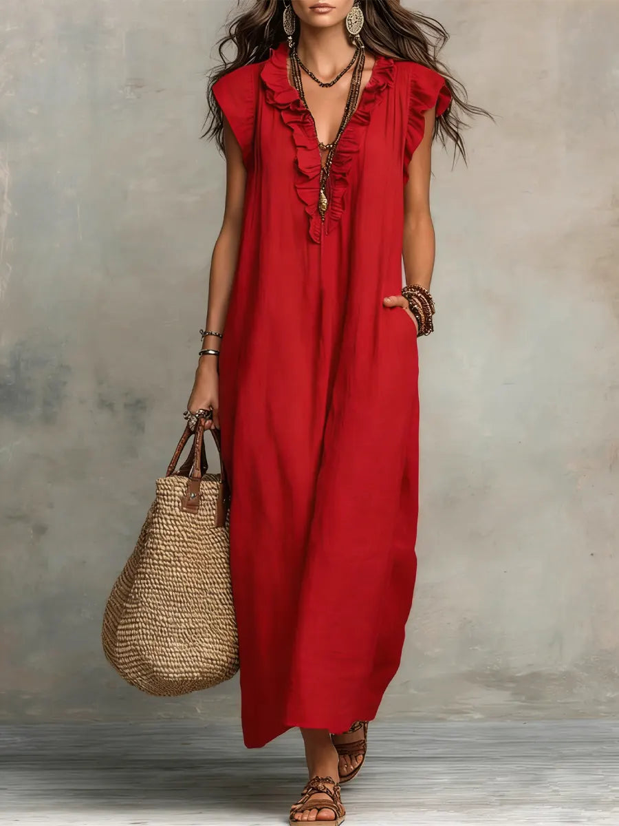Abito Donna Boho Lungo in Lino e Cotone con Rouches