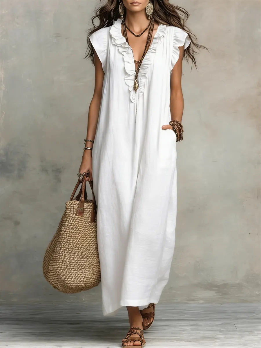 Abito Donna Boho Lungo in Lino e Cotone con Rouches