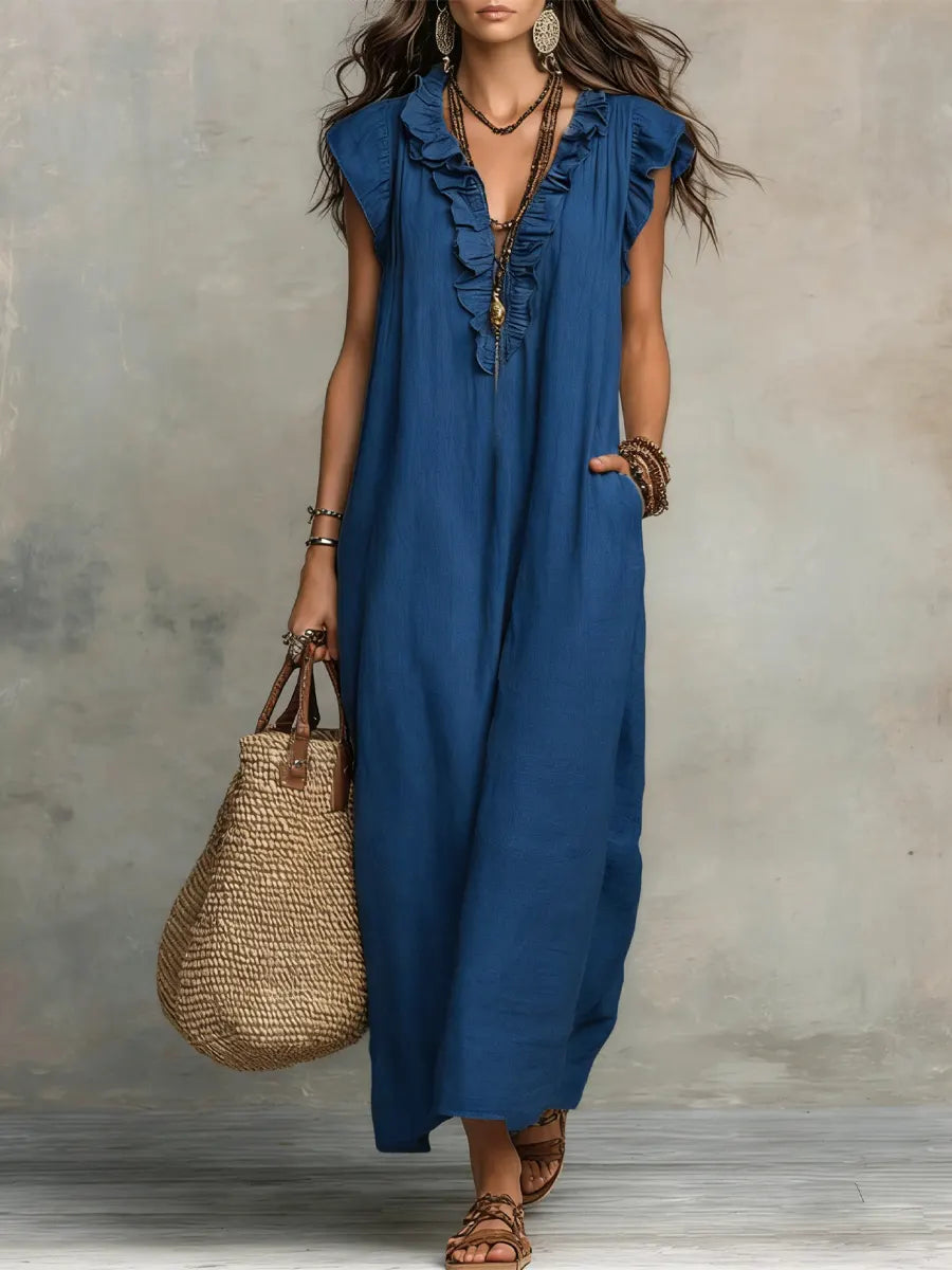 Abito Donna Boho Lungo in Lino e Cotone con Rouches