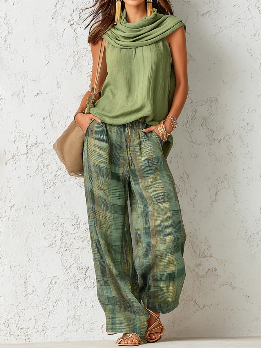 Completo Donna 2 Pezzi Camicia e Pantaloni Larghi Verde