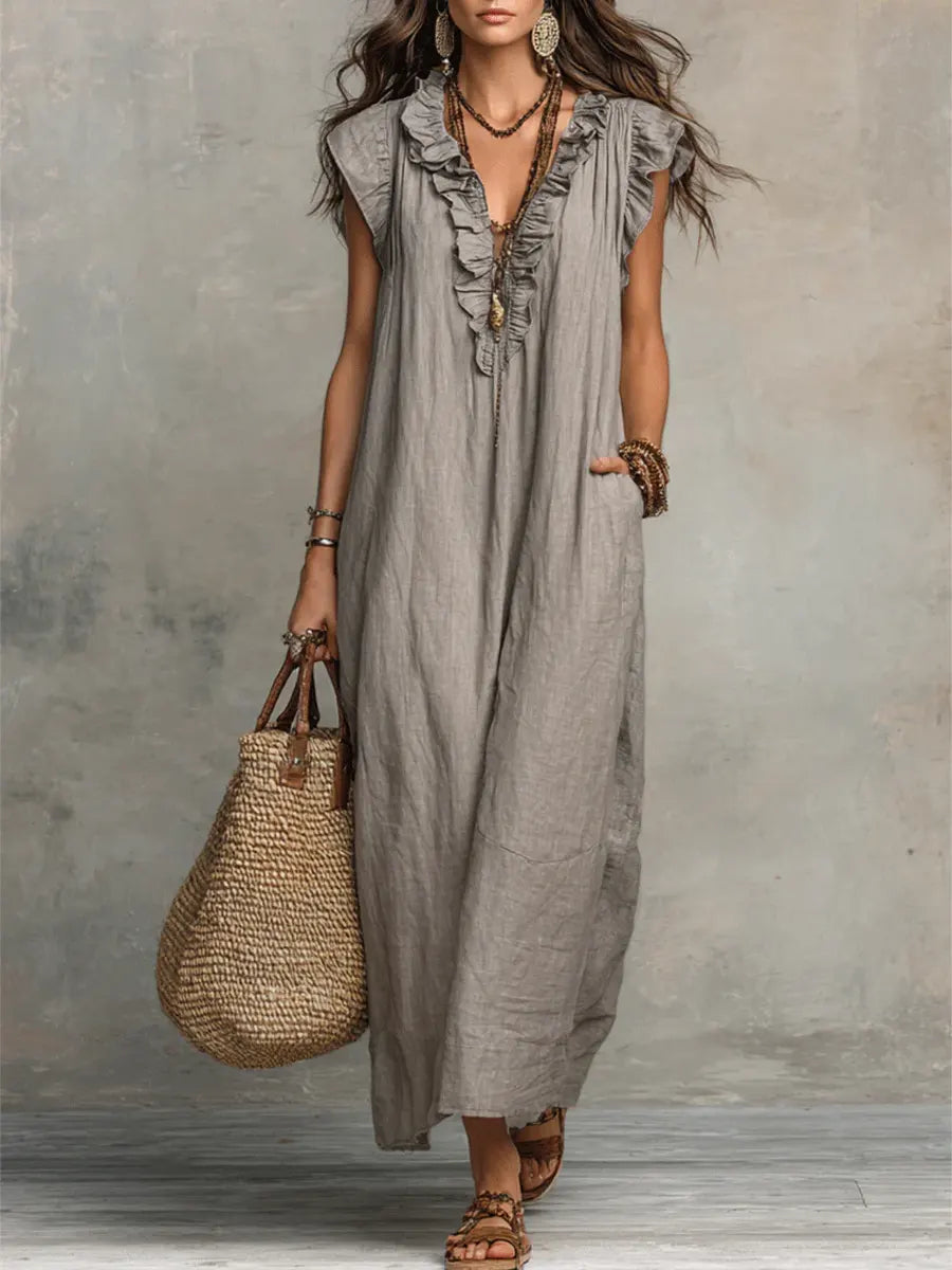 Abito Donna Boho Lungo in Lino e Cotone con Rouches