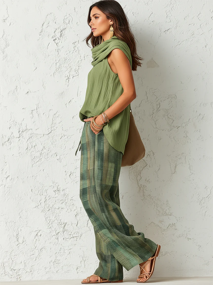 Completo Donna 2 Pezzi Camicia e Pantaloni Larghi Verde