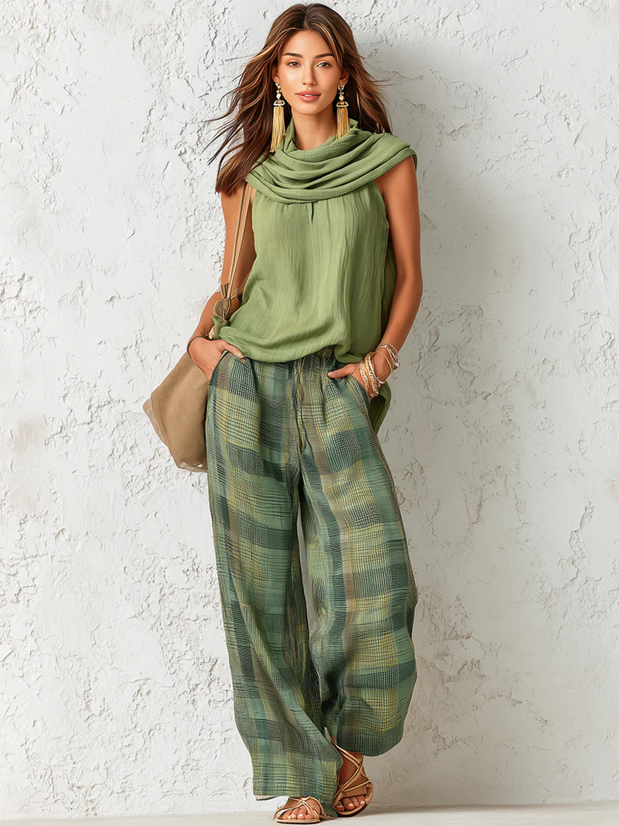 Completo Donna 2 Pezzi Camicia e Pantaloni Larghi Verde