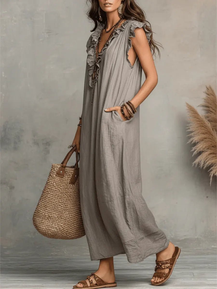Abito Donna Boho Lungo in Lino e Cotone con Rouches