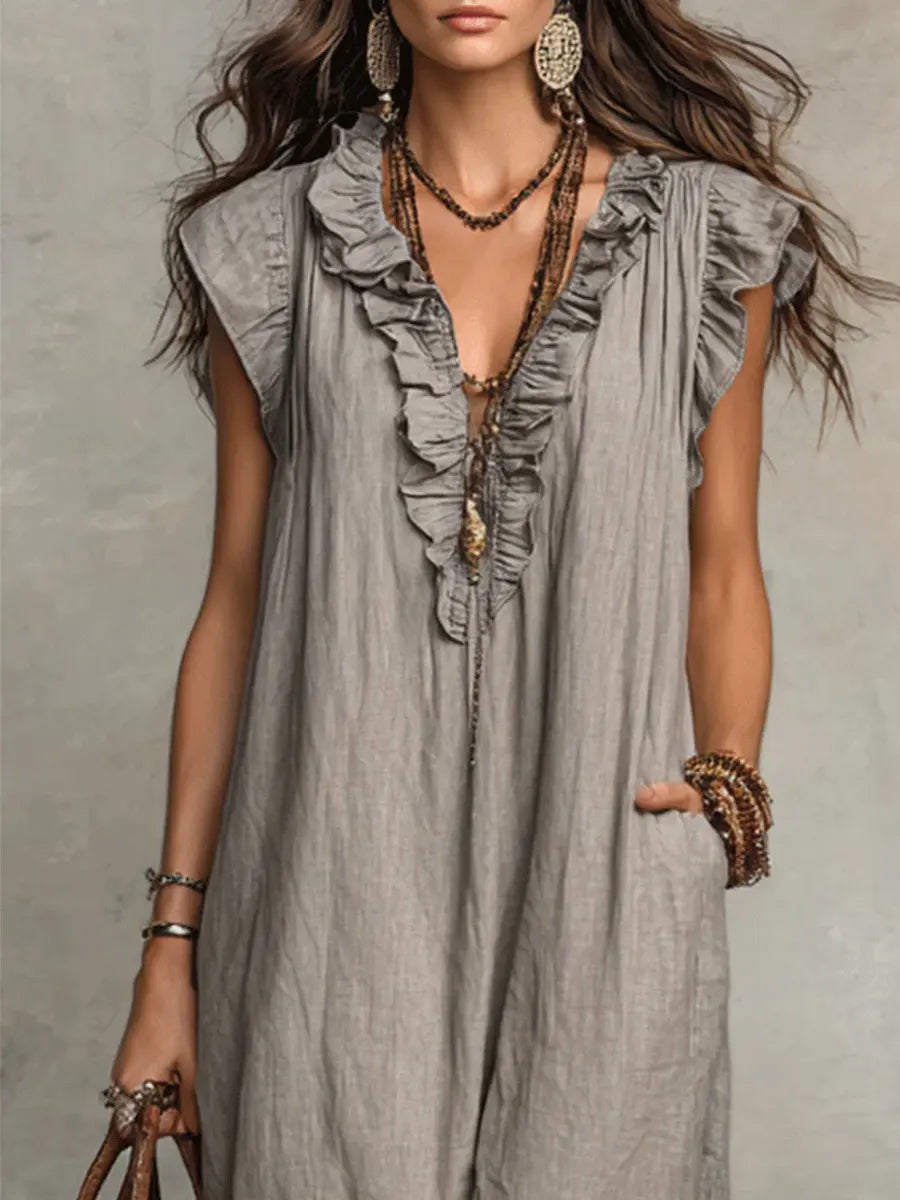 Abito Donna Boho Lungo in Lino e Cotone con Rouches