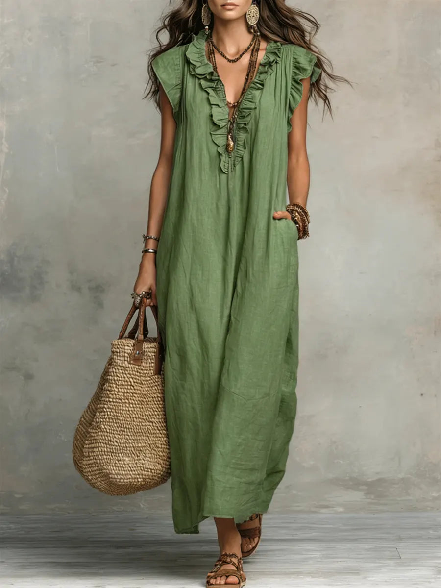 Abito Donna Boho Lungo in Lino e Cotone con Rouches