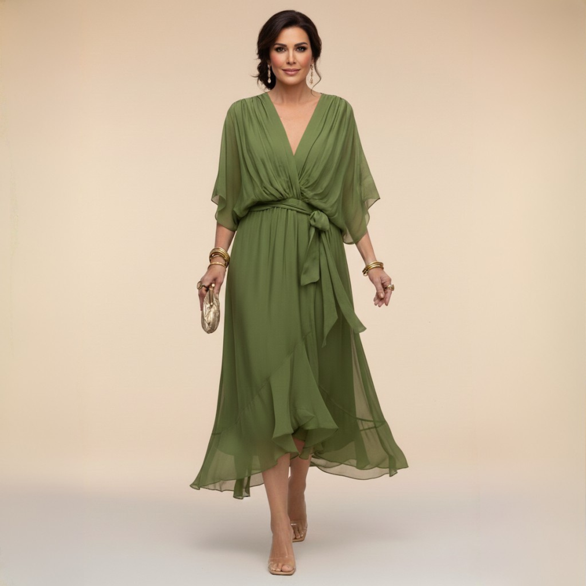 Abito Donna a Portafoglio Midi con Scollo a V