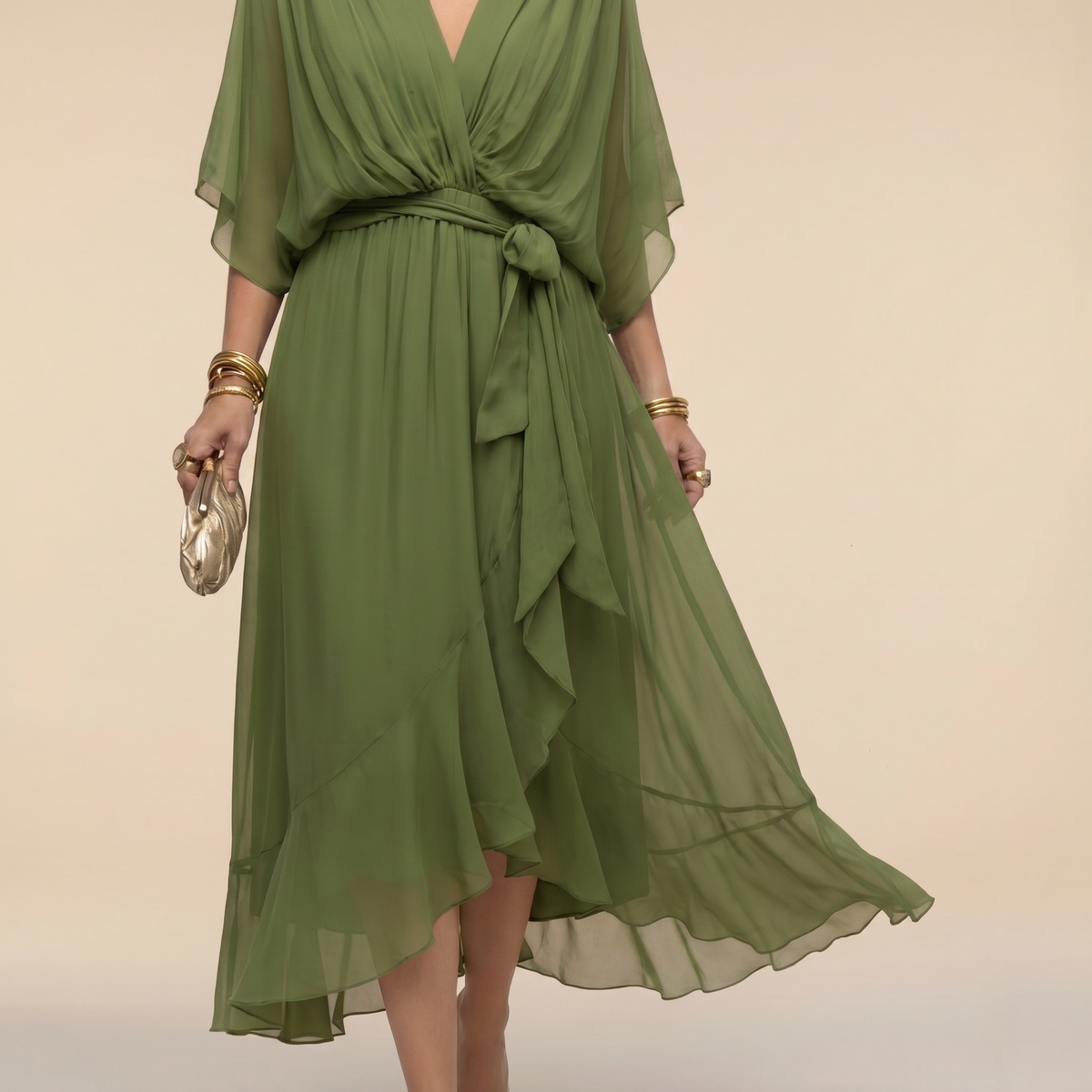 Abito Donna a Portafoglio Midi con Scollo a V