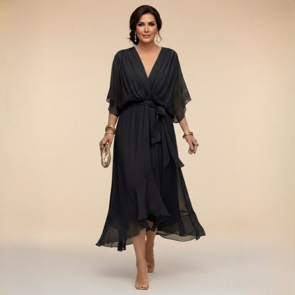 Abito Donna a Portafoglio Midi con Scollo a V