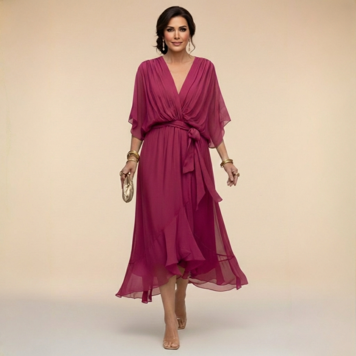 Abito Donna a Portafoglio Midi con Scollo a V
