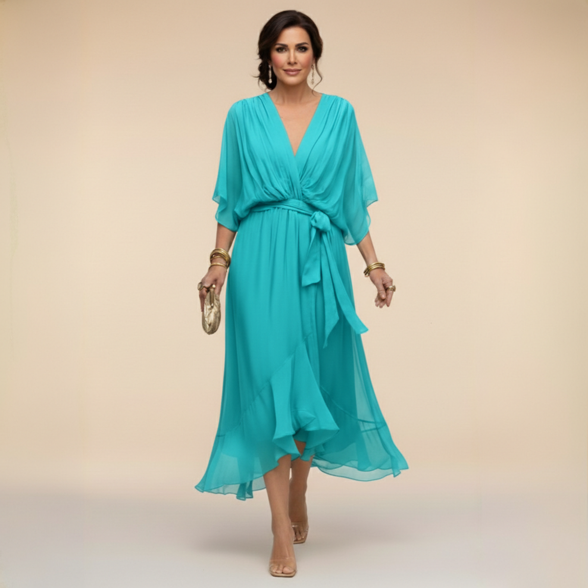 Abito Donna a Portafoglio Midi con Scollo a V