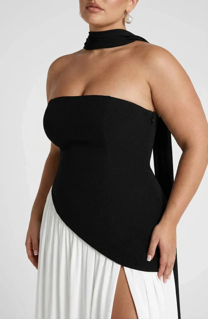 Vestito Elegante Donna Lungo Senza Spalline Bicolore con Spacco