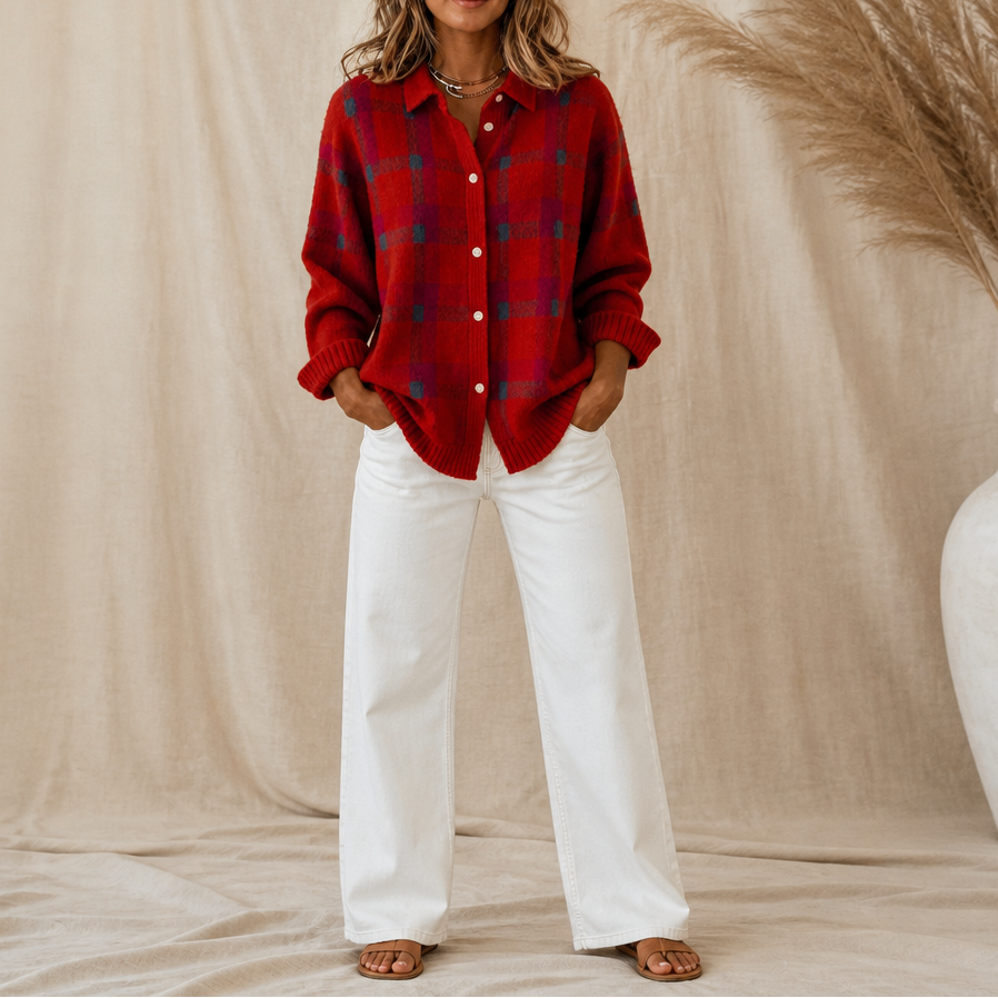 Cardigan Donna in Maglia a Quadri con Colletto Camicia