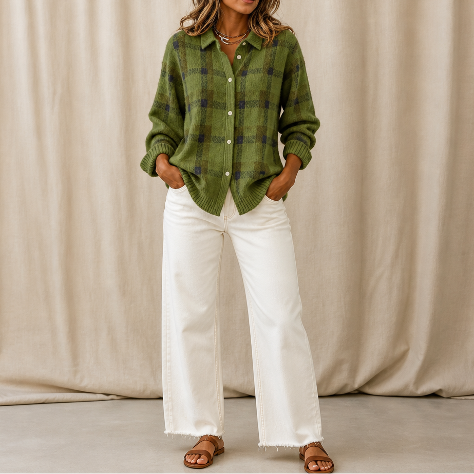 Cardigan Donna in Maglia a Quadri con Colletto Camicia