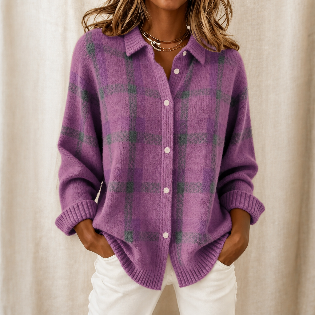 Cardigan Donna in Maglia a Quadri con Colletto Camicia