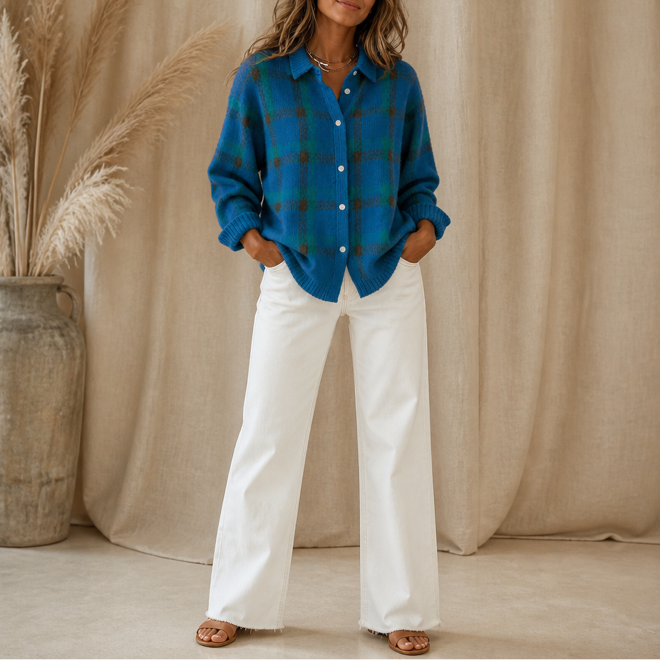 Cardigan Donna in Maglia a Quadri con Colletto Camicia
