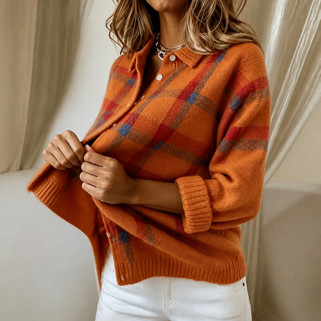 Cardigan Donna in Maglia a Quadri con Colletto Camicia